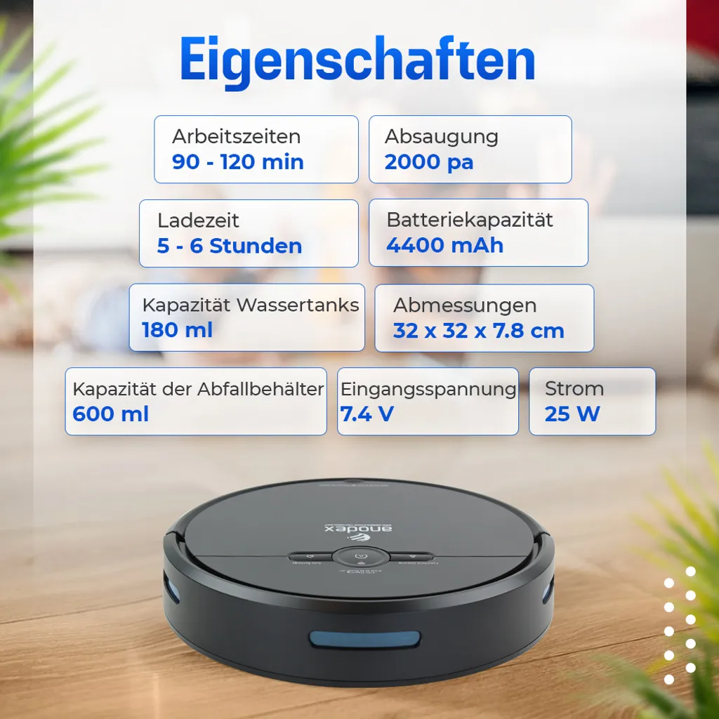 Anodex - Staubsauger Roboter - Mit Wischfunktion - Mit Ladestation - Staubsauger Roboter - 3 In 1 - Mattschwarz – Bild 6