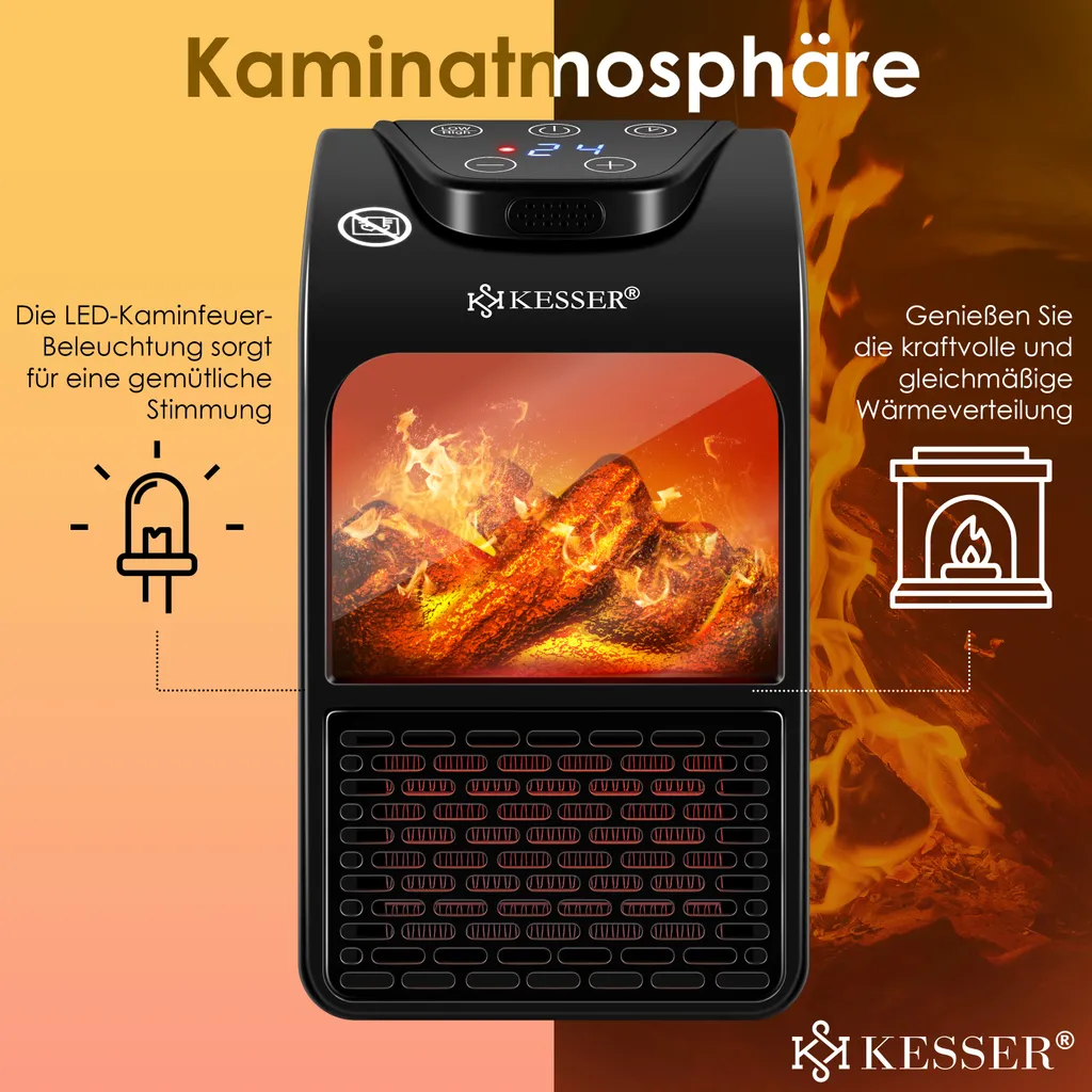 KESSER® Steckdosen Heizlüfter Energiesparend Mini Mit Kaminfeuereffekt Fernbedienung LCD Display Keramik Heizung Mit Thermostat 400W - Temperaturregelung Timer Büro Badezimmer Schlafzimmer, Farbe:Schwarz – Bild 6