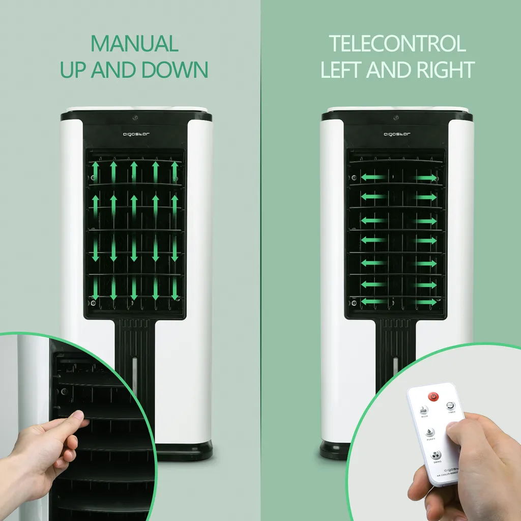 Aigostar Air Cooler, 3-in-1 Mobiles Klimagerät Ohne Abluftschlauch Mit Wasserkühlung, Luftkühler Mit Verdunstungskühlung, Ventilator, Luftbefeuchter, 7L Wassertank, Fernbedienung, 12Std Timer, 75W – Bild 5