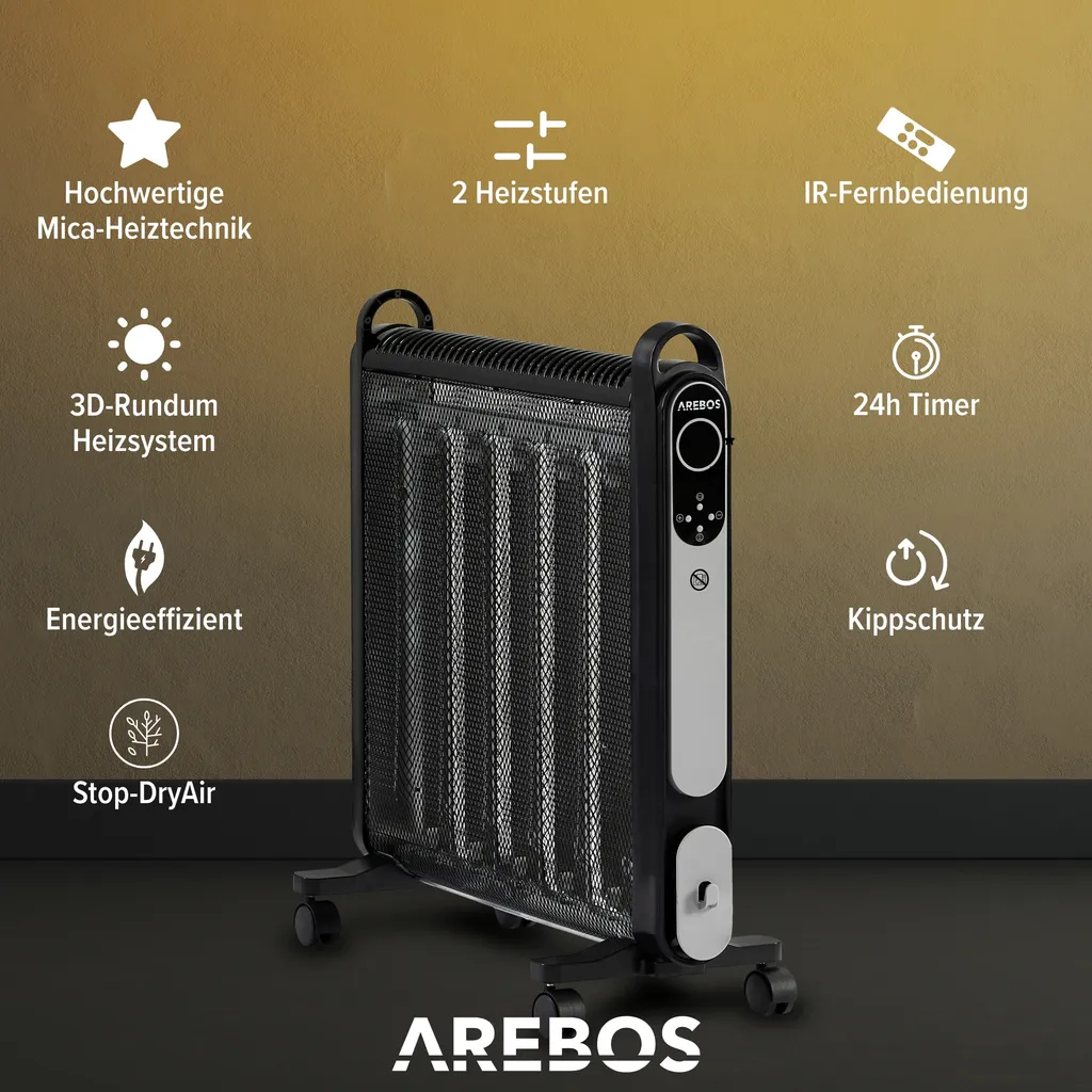 AREBOS Mica Konvektor 2000 W | Wärmewellenheizer | Elektroheizung | Konvektor-Heizung | Mobile Elektroheizung Energiesparend | Leise Heizung | Mobiler Elektro Heizlüfter Mit 2 Heizstufen | Schwarz – Bild 3
