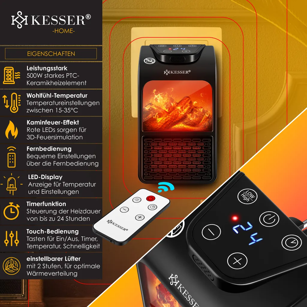 KESSER® Steckdosen Heizlüfter Energiesparend Mini Mit Kaminfeuereffekt Fernbedienung LCD Display Keramik Heizung Mit Thermostat 400W - Temperaturregelung Timer Büro Badezimmer Schlafzimmer, Farbe:Schwarz – Bild 3