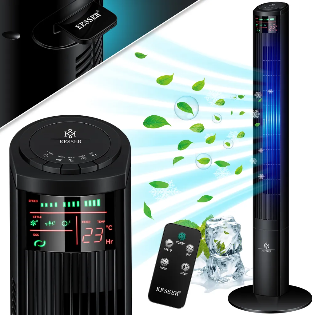 KESSER® Turmventilator Mit Fernbedienung | 120 Cm | Oszilation | 55W | LED-Display | Ventilator Mit 3 Geschwindigkeitsstufen + Timer Bis 12 Stunden + 3 Betriebsmodi + 90° Oszillierend Towerventilator, Farbe:Schwarz – Bild 2