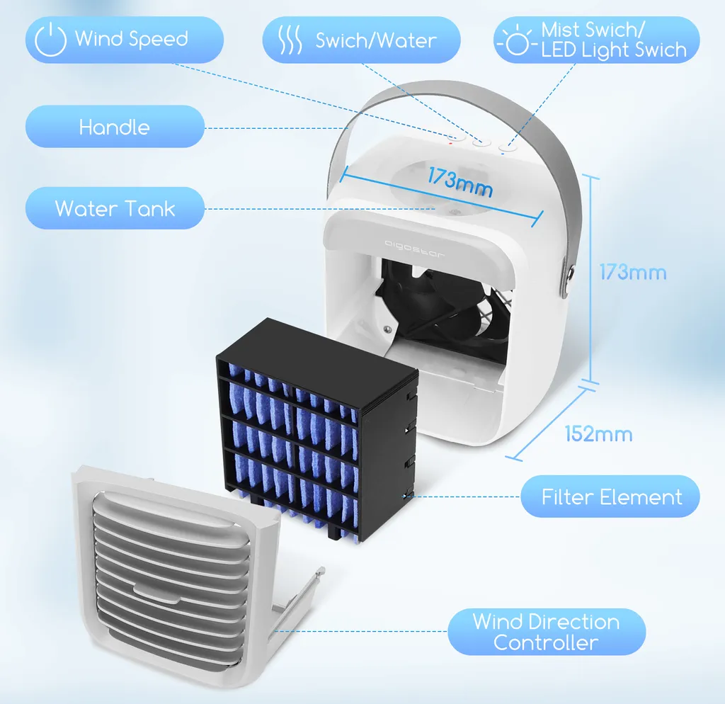 Aigostar Mini Luftkühler Mit Wassertank, Nebel Top Fill Luftbefeuchter 300 Ml Mit 3 Windstufen & 7 Nachtlicht Und Duft-Diffusor, Für Schlafzimmer, Baby, Büro,imFreien – Bild 5