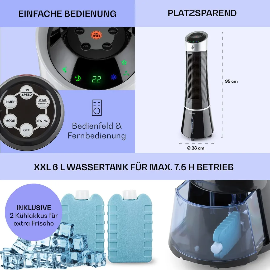 Klarstein Mobiles Klimagerät Ohne Abluftschlauch - Luftkühler Mit Wasser Ventilator Luftbefeuchter Luftreiniger Funktion - 6L Wassertank - Air Cooler Klimaanlage Mobil Mit Fernbedienung - Schwarz – Bild 6