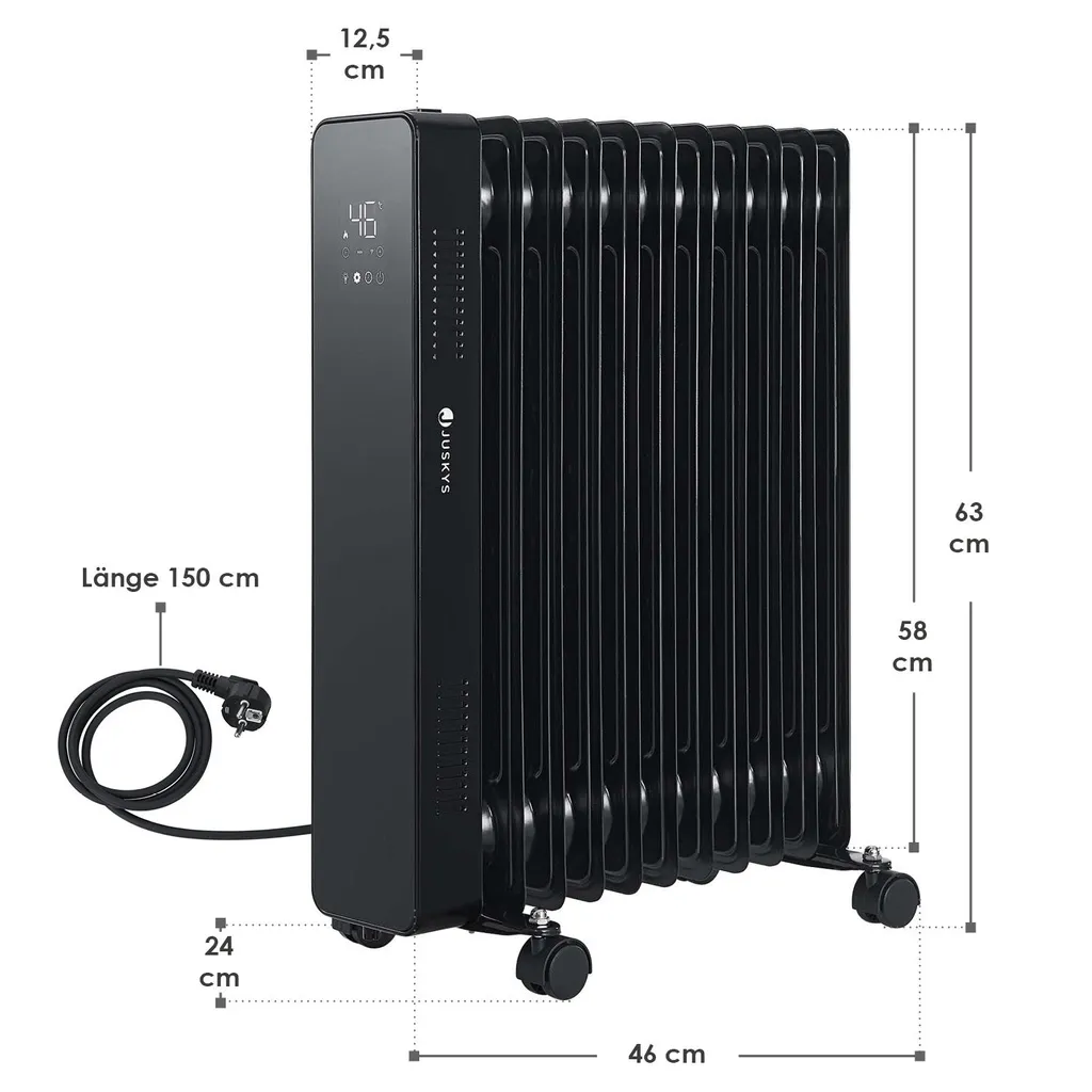 Juskys Elektroheizung Ölradiator 2500W - Wi-Fi Steuerung, Fernbedienung & Touch-Display - Energiesparender Radiator, 2 Heizstufen, 24h Timer - Schwarz – Bild 15