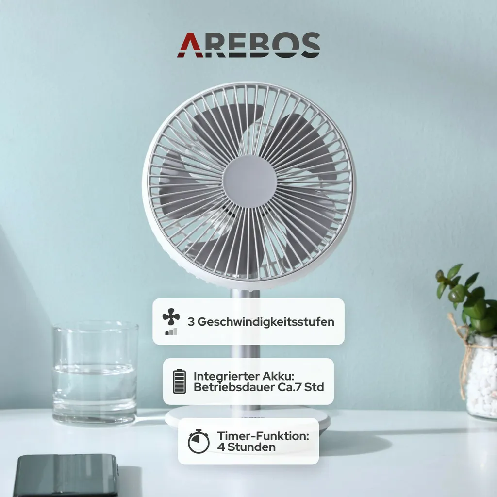 AREBOS USB-Tischventilator Mit Timer, Wiederaufladbarer 2500 MAh – Akku, 45° Neigbar, Ventilator Mit 3 Geschwindigkeitsstufen, Inkl. USB-Kabel – Bild 6