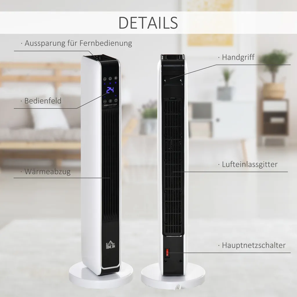 HOMCOM Heizgerät Heizlüfter 2200W Elektroheizer Keramik Heizturm Mit Fernbedienung 8-Stunden-Timer Oszillation Heizer Heizung ABS PA Weiß+Schwarz 21 X 21 X 73 Cm – Bild 7