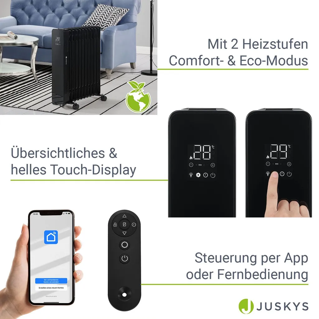 Juskys Elektroheizung Ölradiator 2500W - Wi-Fi Steuerung, Fernbedienung & Touch-Display - Energiesparender Radiator, 2 Heizstufen, 24h Timer - Schwarz – Bild 4
