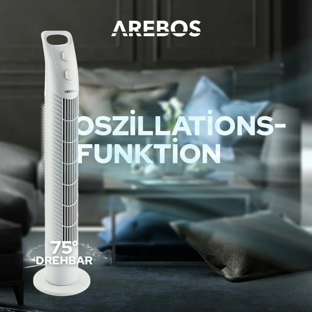 AREBOS Turmventilator Mit Timer, 40 Watt, 75°-Oszillation, Ventilator Mit 3 Geschwindigkeitsstufen, , Weiß – Bild 4