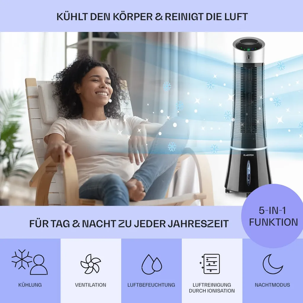 Klarstein Mobiles Klimagerät Ohne Abluftschlauch - Luftkühler Mit Wasser Ventilator Luftbefeuchter Luftreiniger Funktion - 6L Wassertank - Air Cooler Klimaanlage Mobil Mit Fernbedienung - Schwarz – Bild 2