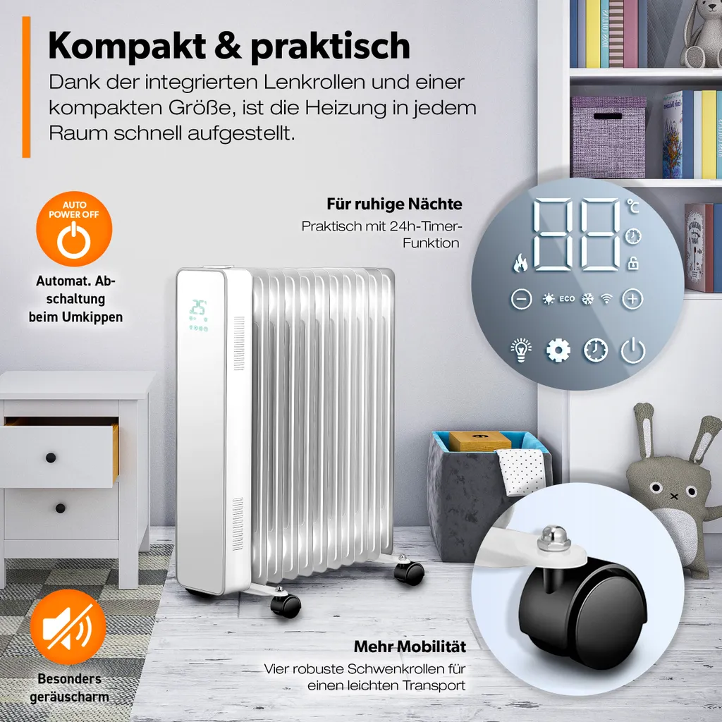 TRESKO® Ölradiator Weiß 2500W Elektroheizung Radiator Öl Heizkörper Heizung Timer – Bild 7