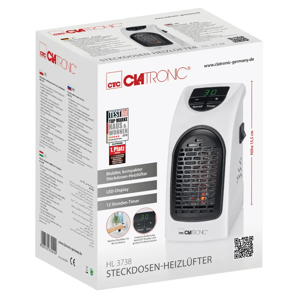 Clatronic HL 3738 Mobiler Steckdosen-Heizlüfter Mit 2 Gebläsestufen, Hochwertiges PTC-Heizelement, LED-Display-und Kontrollleuchte – Bild 5