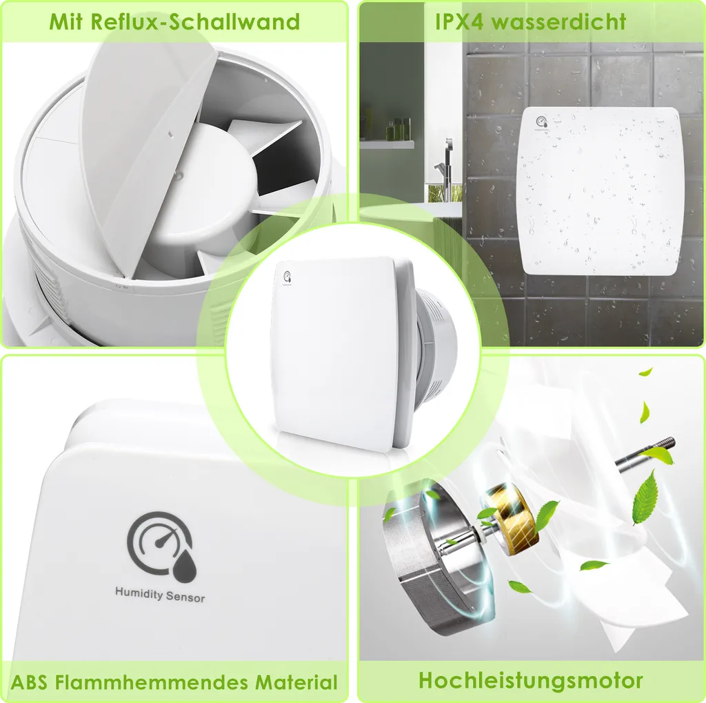 EINFEBEN Badlüfter 150mm Mit Feuchtigkeitssensor Und Einstellbarer Nachlaufzeit, Wandlüfter Mit Rückflussleitblech Und Timing-Funktion, Ventilator Lüfter Für Bad WC Küche Wandventilator Badezimmer – Bild 3