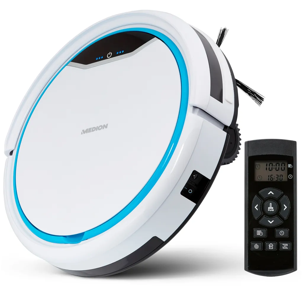 MEDION Roboterstaubsauger Mit Ladestation MD19900 (intelligente Navigation, Roboterstaubsauger Für Hartböden Fliesen Laminat, Optimierte Tierhaare, Fernbedienung, Bis Zu 90 Minuten, Automatische Rückkehr Zur Station)