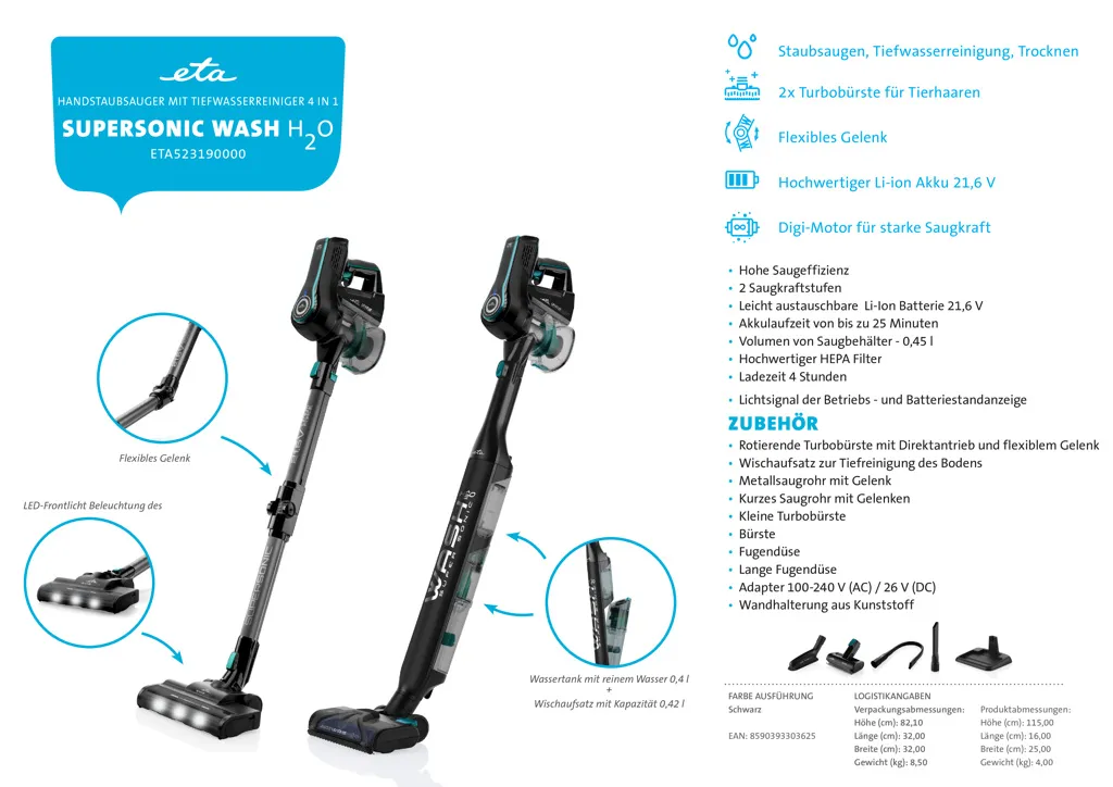 ETA SUPERSONIC WASH ETA523190000 Multifunktionaler Handstaubsauger, 135 W, 21,6 V Li-Ion-Akku, Digitalmotor, LED-Beleuchtung, HEPA-Filter, Saugt, Reinigt Tief, Trocknet, Wischt – Bild 20