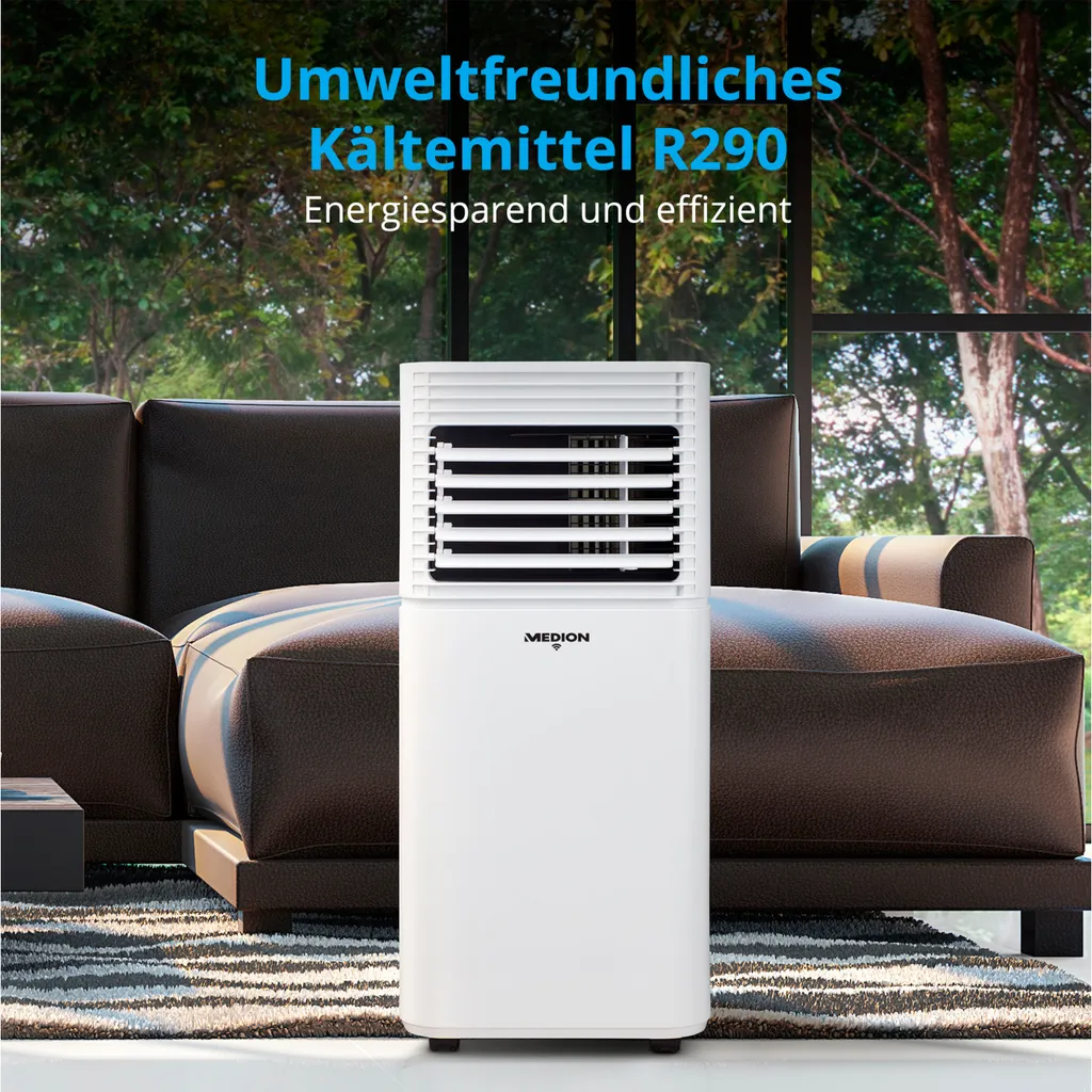 MEDION Smarte Mobile Klimaanlage Mit Abluftschlauch (leise, 3in1, Klimagerät, App Und Sprach- Steuerung, Kühlen Entfeuchten Ventilieren, Staubfilter, Geeignet Für Bis Zu 32qm, 9000BTU, MD37216) – Bild 4