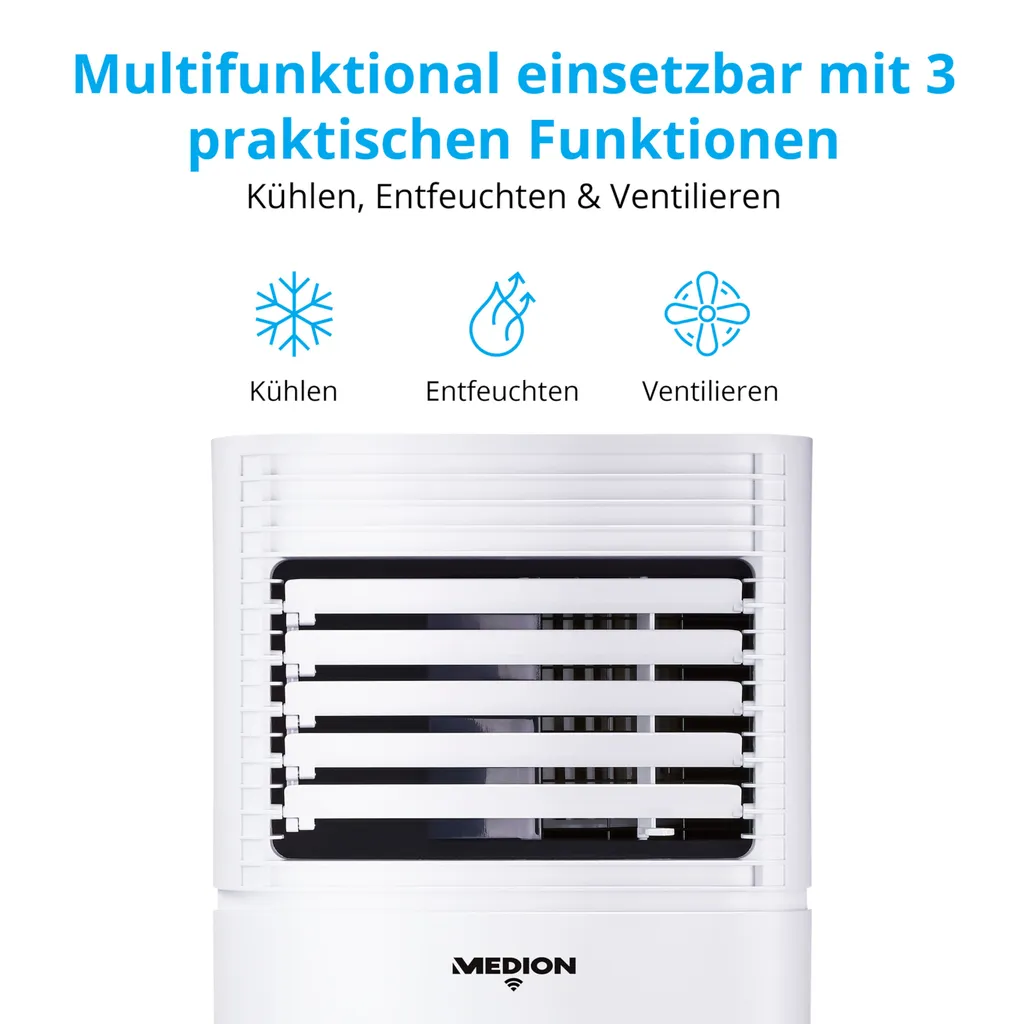 MEDION Smarte Mobile Klimaanlage Mit Abluftschlauch (leise, 3in1, Klimagerät, App Und Sprach- Steuerung, Kühlen Entfeuchten Ventilieren, Staubfilter, Geeignet Für Bis Zu 32qm, 9000BTU, MD37216) – Bild 3