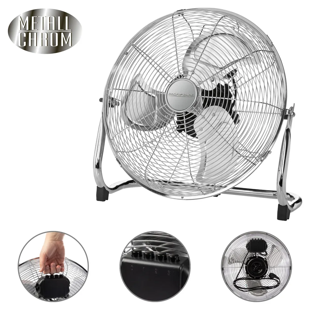 ProfiCare Ventilator PC-VL 3067 Windmaschine Im Retro-Design, Mit 3 Geschwindigkeiten, Stufenlos Neigbarer Ventilator-Kopf, Ø Ca. 50cm, Metall-chrom – Bild 2