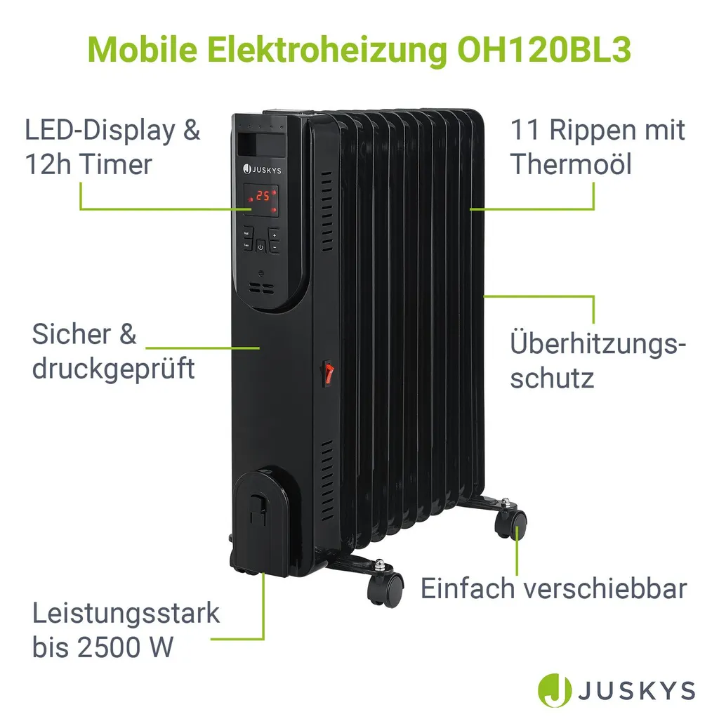 Juskys Elektroheizung Ölradiator 2500 Watt - Heizung Elektrisch Mit 3 Stufen, Thermostat, 12 H-Timer & Überhitzungsschutz - Radiator Schwarz – Bild 3