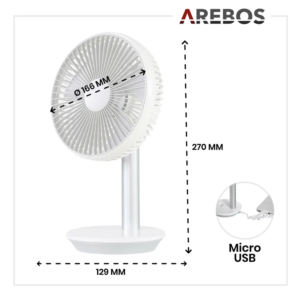 AREBOS USB-Tischventilator Mit Timer, Wiederaufladbarer 2500 MAh – Akku, 45° Neigbar, Ventilator Mit 3 Geschwindigkeitsstufen, Inkl. USB-Kabel – Bild 7