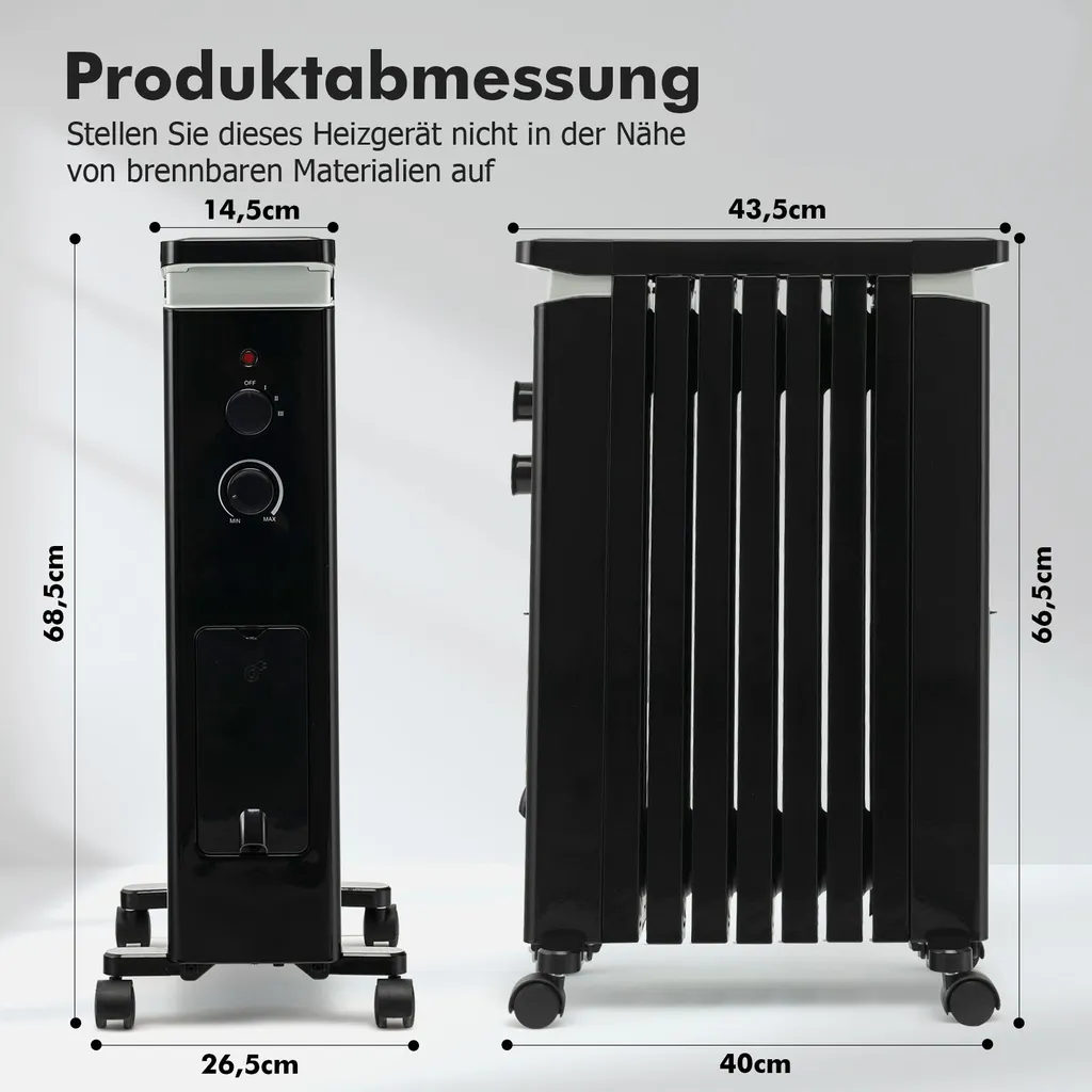 COSTWAY Ölradiator 3 Heizstufen 5-35℃ Für 20㎡, 7 Rippen Heizkörper 1500W, Elektrische Heizung Mobil Mit Thermostat, Überhitzungsschutz & Räder, Schwarz – Bild 7