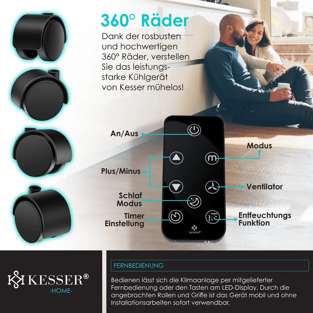 KESSER® – Klimaanlage Mobiles Klimagerät 4in1 Kühlen, Luftentfeuchter, Lüften, Ventilator - 12.000 BTU/h (3.500 Watt) 3,5 KW - Klima Mit Montagematerial, Fernbedienung Und Timer, Nachtmodus (EEK: A), Farbe:Weiß / Schwarz – Bild 10