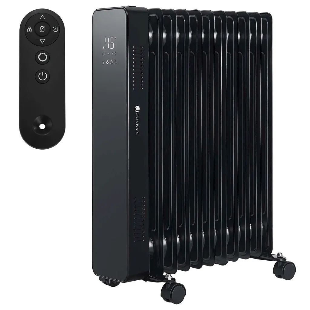 Juskys Elektroheizung Ölradiator 2500W - Wi-Fi Steuerung, Fernbedienung & Touch-Display - Energiesparender Radiator, 2 Heizstufen, 24h Timer - Schwarz