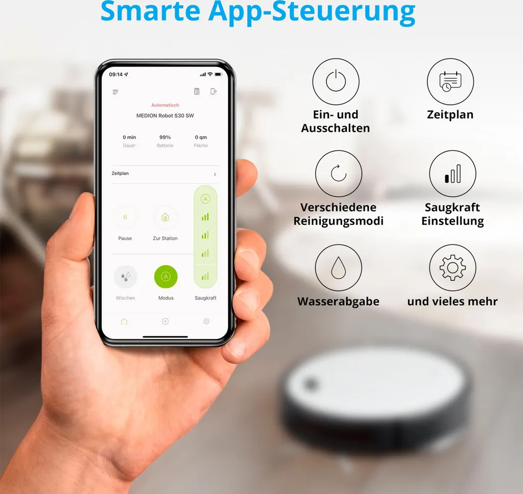 MEDION Saugroboter Mit Wischfunktion Und Intelligenter Navigation S30 SW (2.800 Pa, Alexa App Steuerung, Saugen Wischen Parallel, Regulierbare Wasserabgabe, Tierhaar Allergiker Optimiert) – Bild 2
