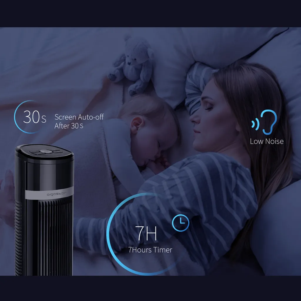 Aigostar Turmventilator, Leise Mit Fernbedienung, 35W, 60° Oszillierend, 3 Geschwindigkeitsstufen, 7 Stunden Timer, Säulenventilator Mit Speicher Funktion, 103cm Standventilator Tower Fan, Schwarz – Bild 2