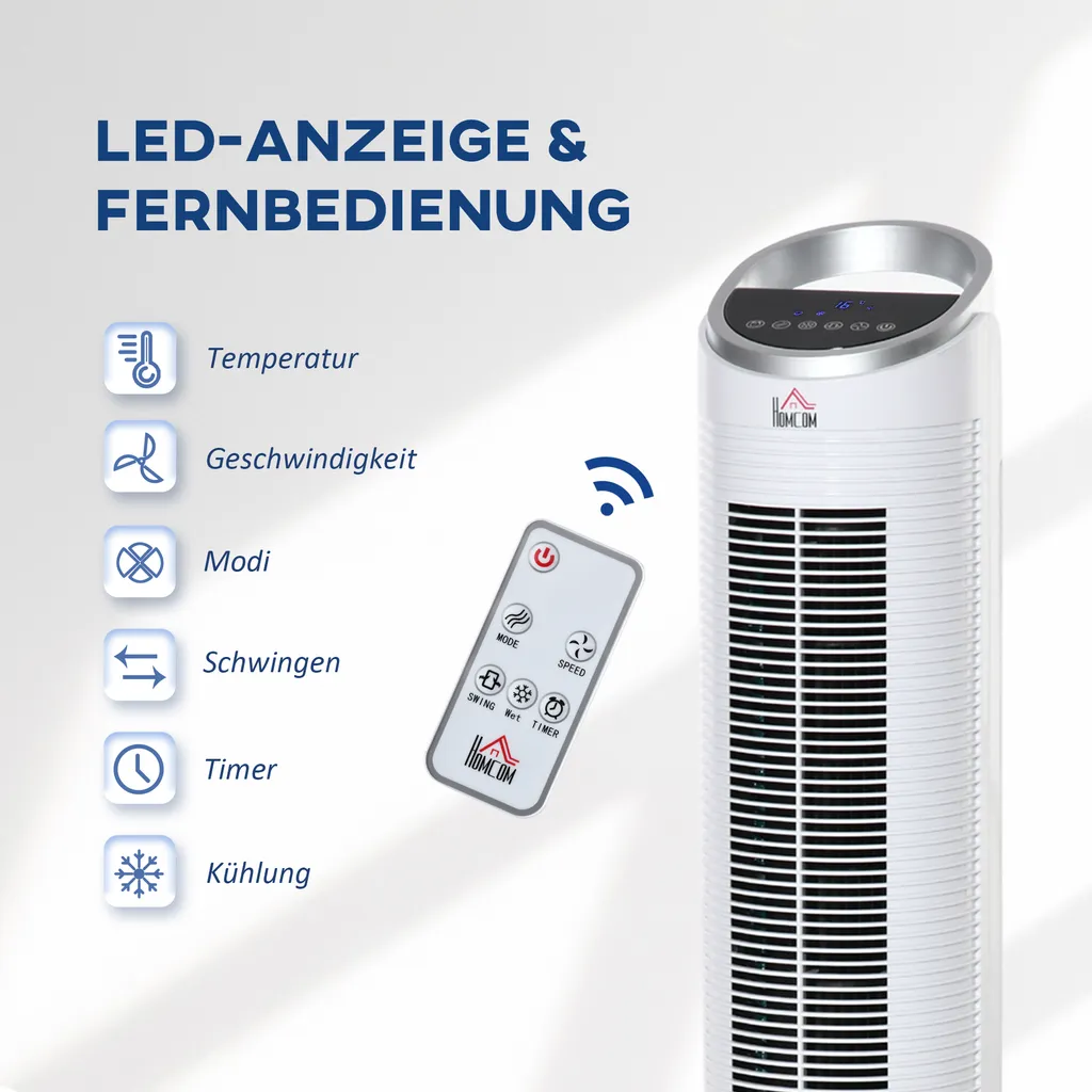 HOMCOM Luftkühler Mit Wasserkühlung Fernbedienung Turmventilator Standventilator Mit Luftbefeuchtung Klimagerät 8h Timer Nutzungsraum 20㎡ 60W ABS Weiß Ø30 X 100,8H Cm – Bild 9