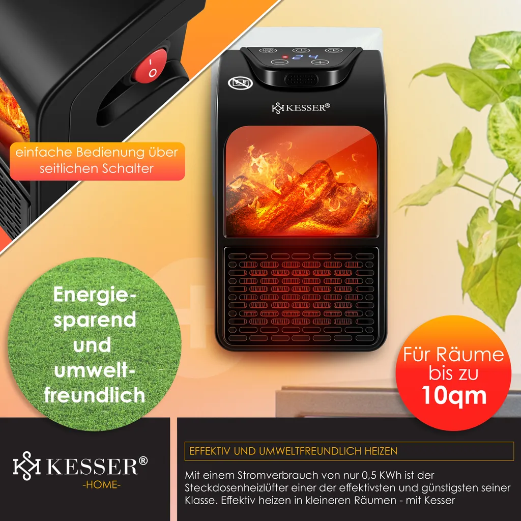 KESSER® Steckdosen Heizlüfter Energiesparend Mini Mit Kaminfeuereffekt Fernbedienung LCD Display Keramik Heizung Mit Thermostat 400W - Temperaturregelung Timer Büro Badezimmer Schlafzimmer, Farbe:Schwarz – Bild 4